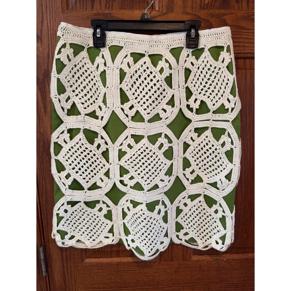 Tory Burch Green White Cotton Crochet A Line Knee Skirt Size M $425 boho country - Picture 2 of 8